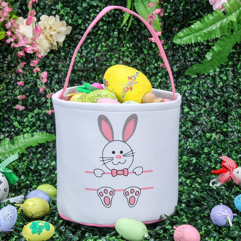XinblueCo Easter Bunny Basket Egg Bags for Kids,Canvas Cotton Personalized Candy Egg Basket Rabbit Print Buckets with Fluffy Tail Gifts Bags for Easterâ€¦â€¦ - Image 2